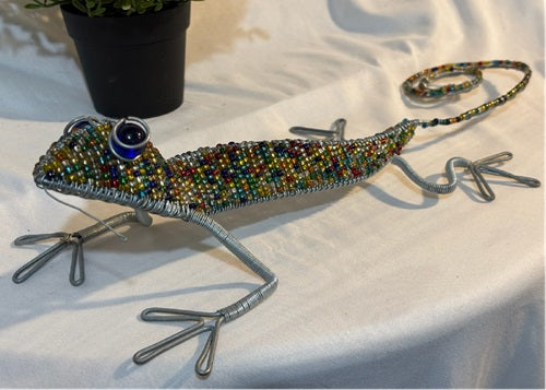Gecko Lizard Beaded Metal Wire Folk Art